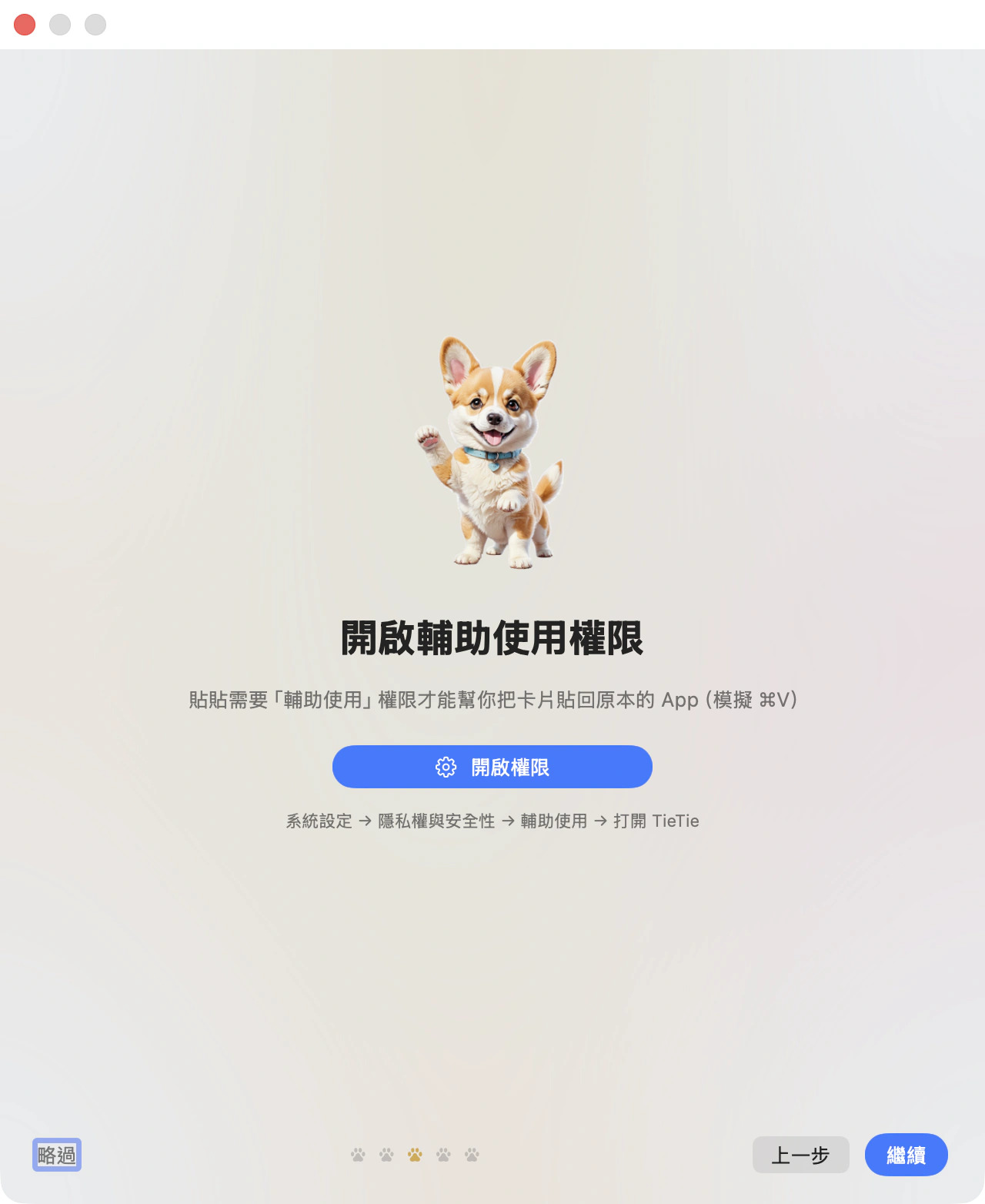 導覽的權限頁：一顆「開啟權限」按鈕，下面寫著要去的路徑
